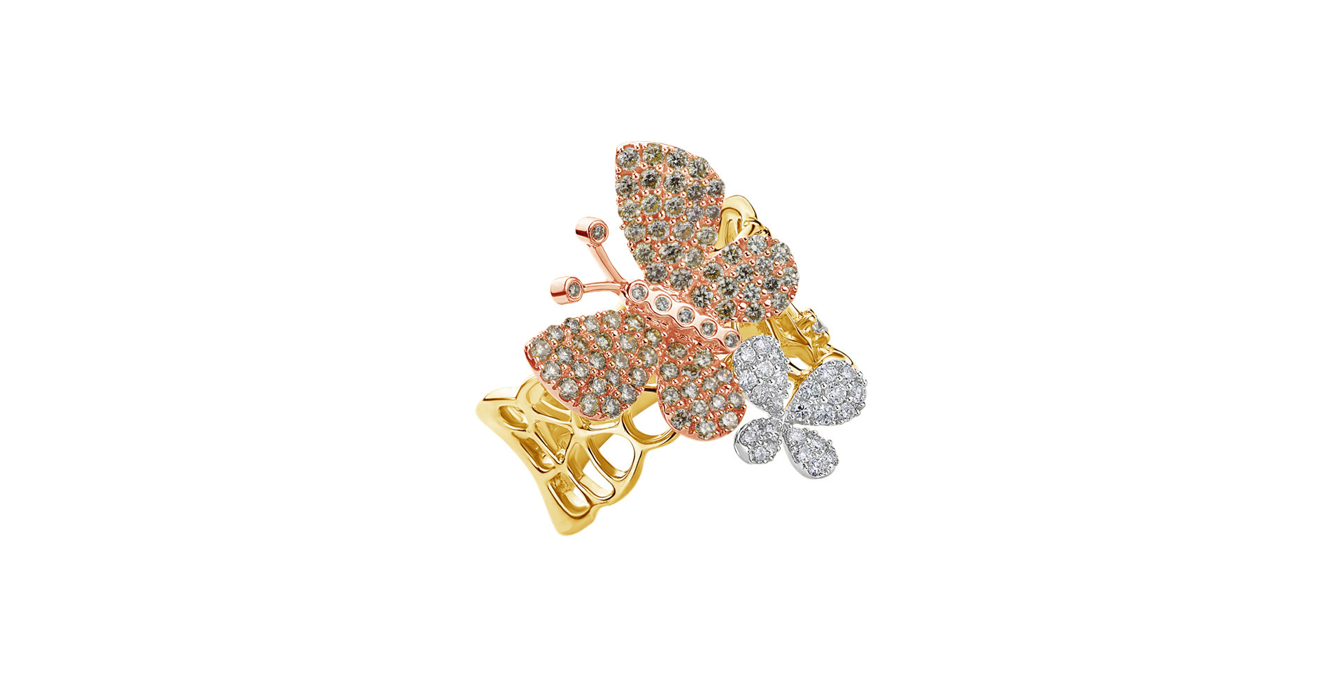 Prsten s bílými a hnědými diamanty Butterfly Treasure