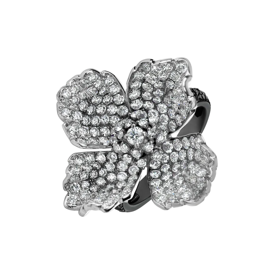Prsten s bílými a černými diamanty Mystery Flower