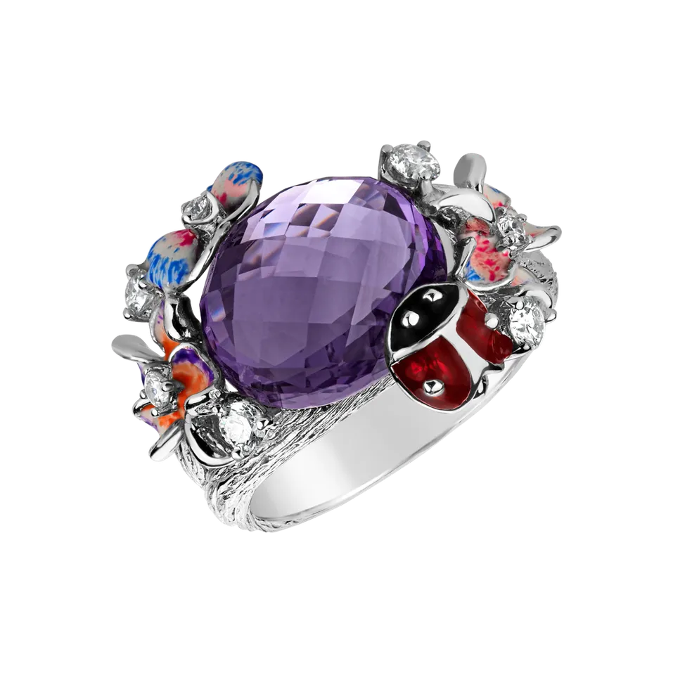 Prsten s ametystem, diamanty a emaily Lilac
