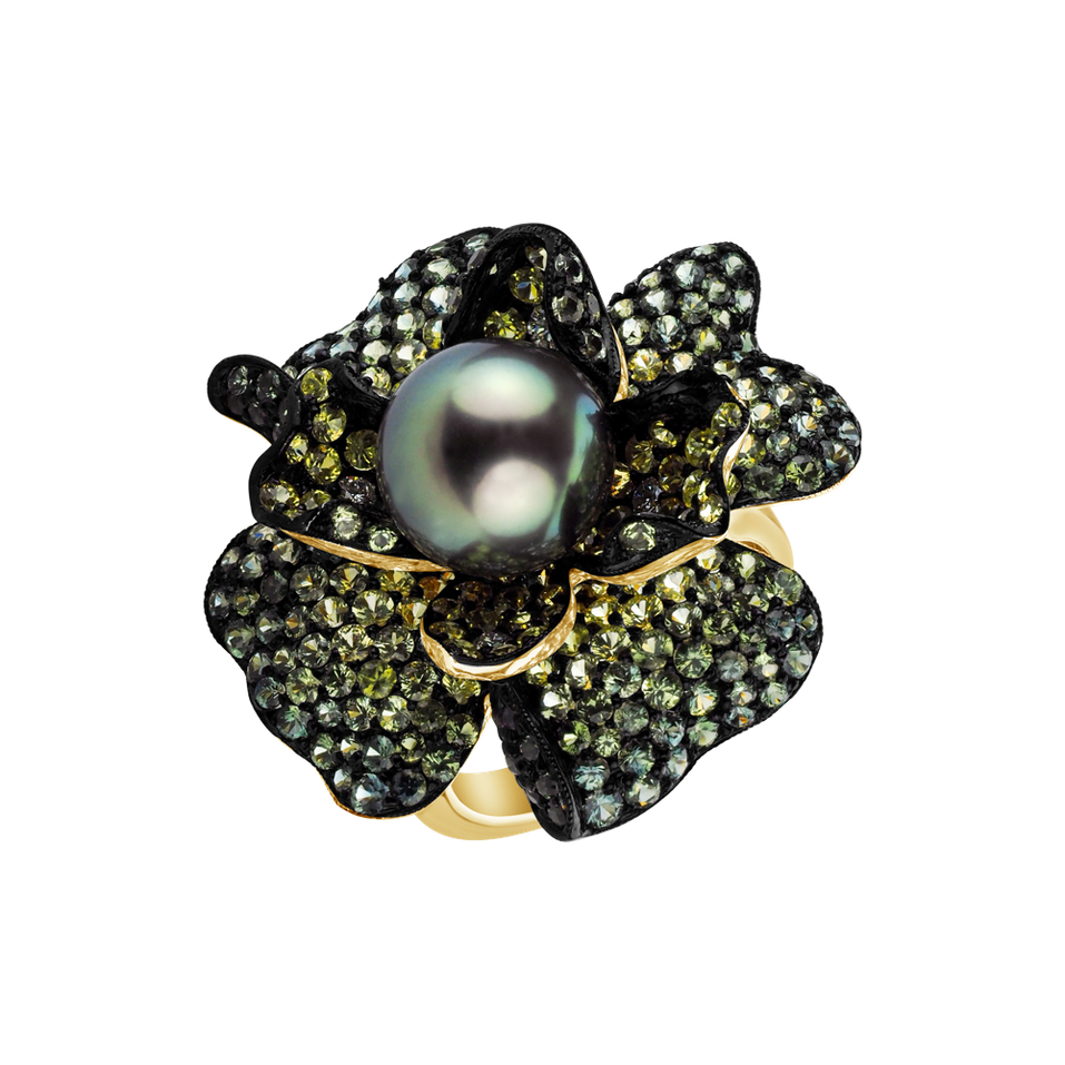 Prsten s perlou, diamanty a safíry Anjamae