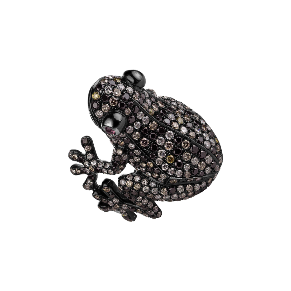 Prsten s bílými, hnědými a černými diamanty a turmalíny My Frog