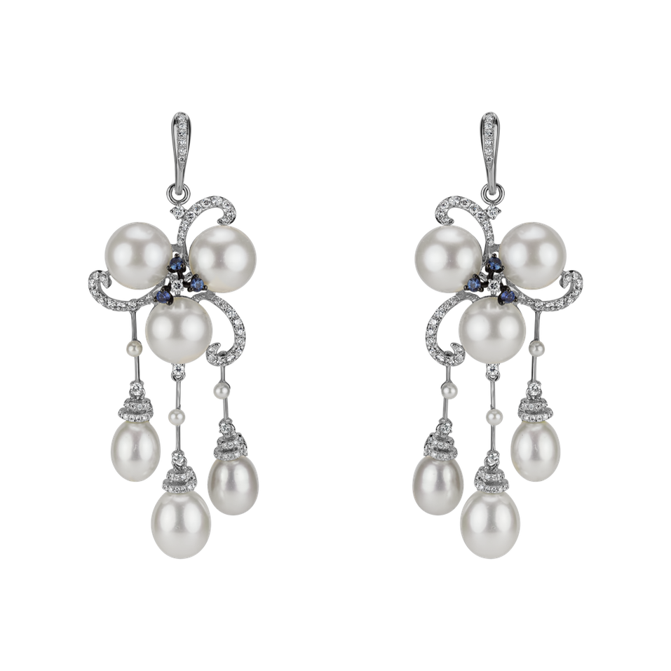 Náušnice s perlou, diamantem a safíry Nymph Drops