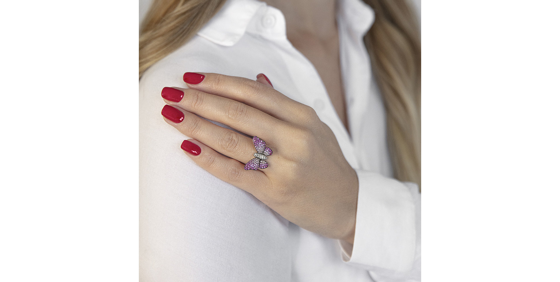 Prsten s diamanty, rubíny a safíry Splendid Butterfly