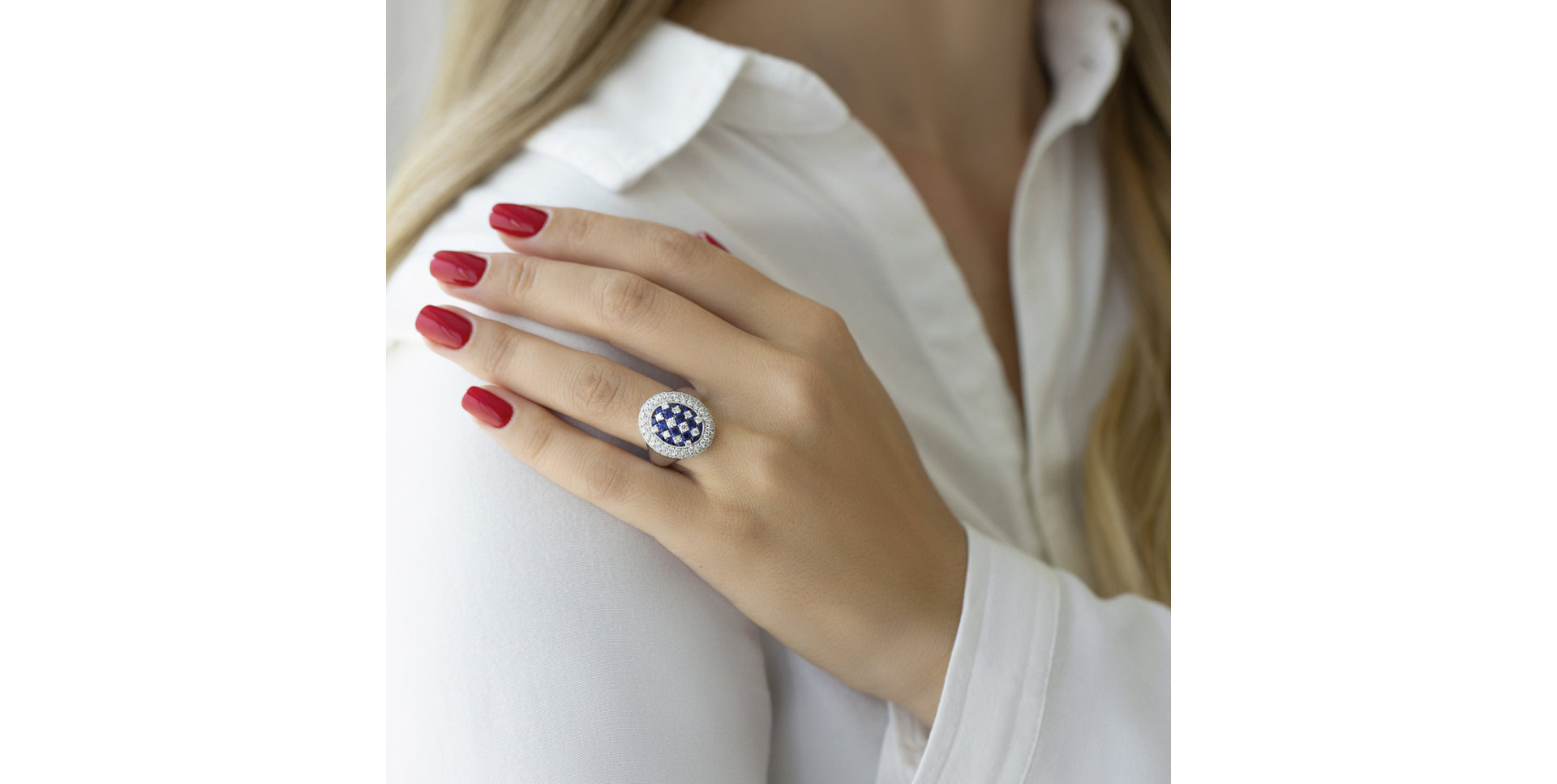 Prsten s diamanty a safíry Checker Board