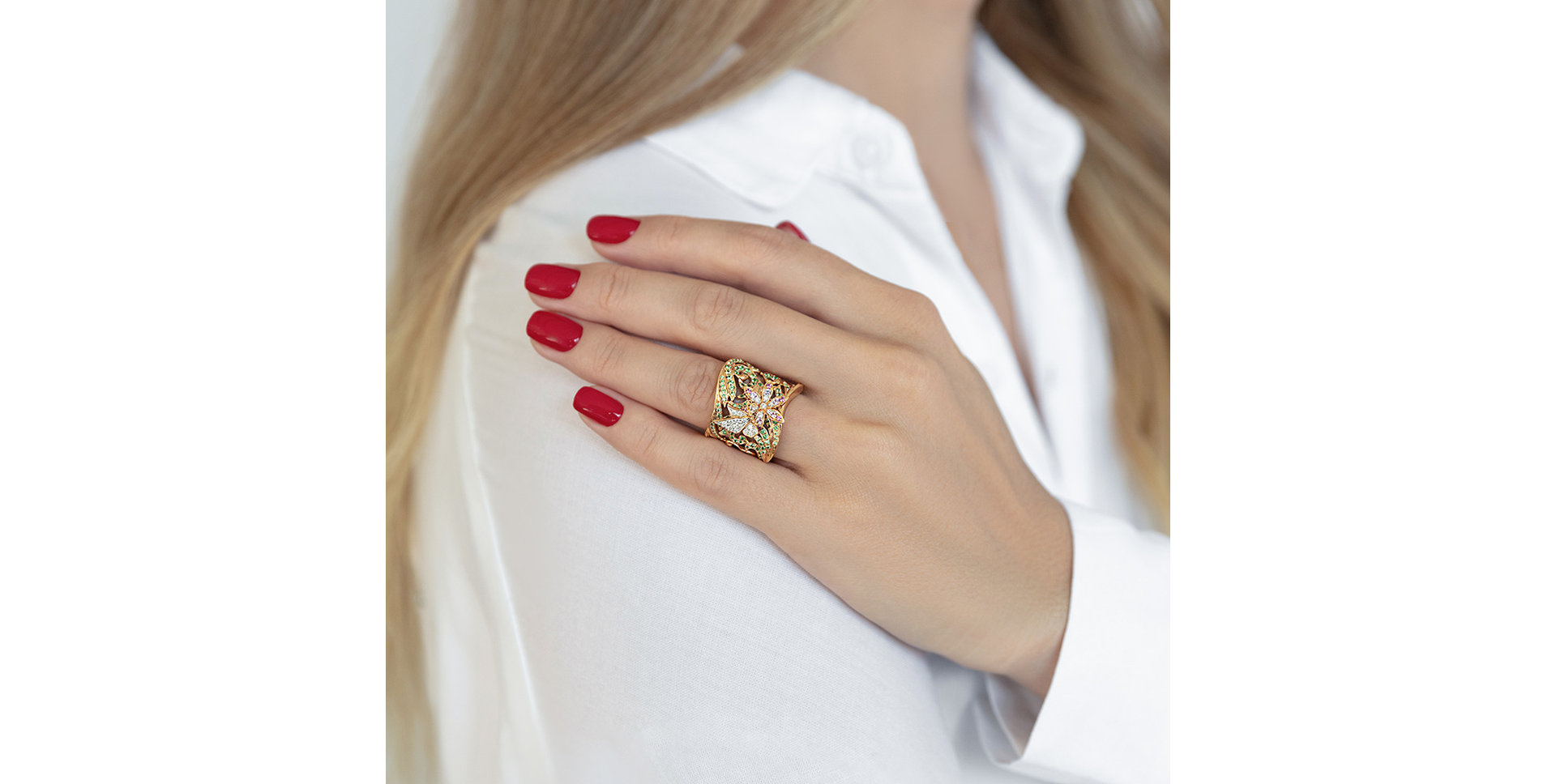 Prsten s diamanty, safíry a granáty Solar Garden