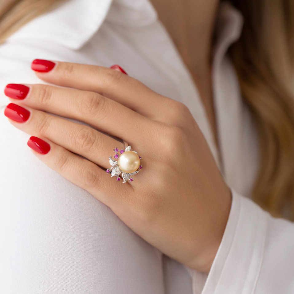 Prsten s perlou, diamanty a safíry Ocean Orchid