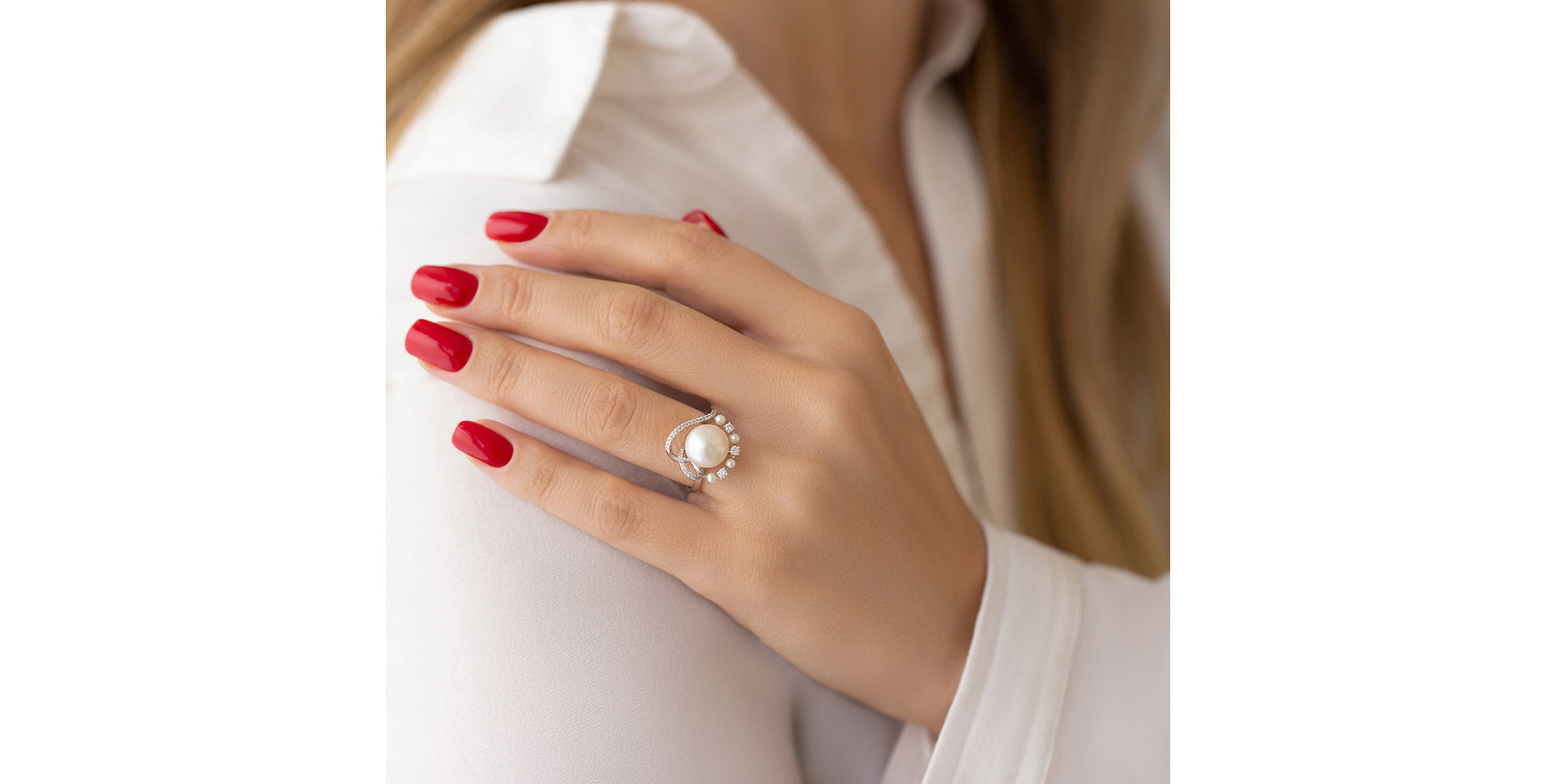 Prsten s perlou a diamanty Pearl Ribbon