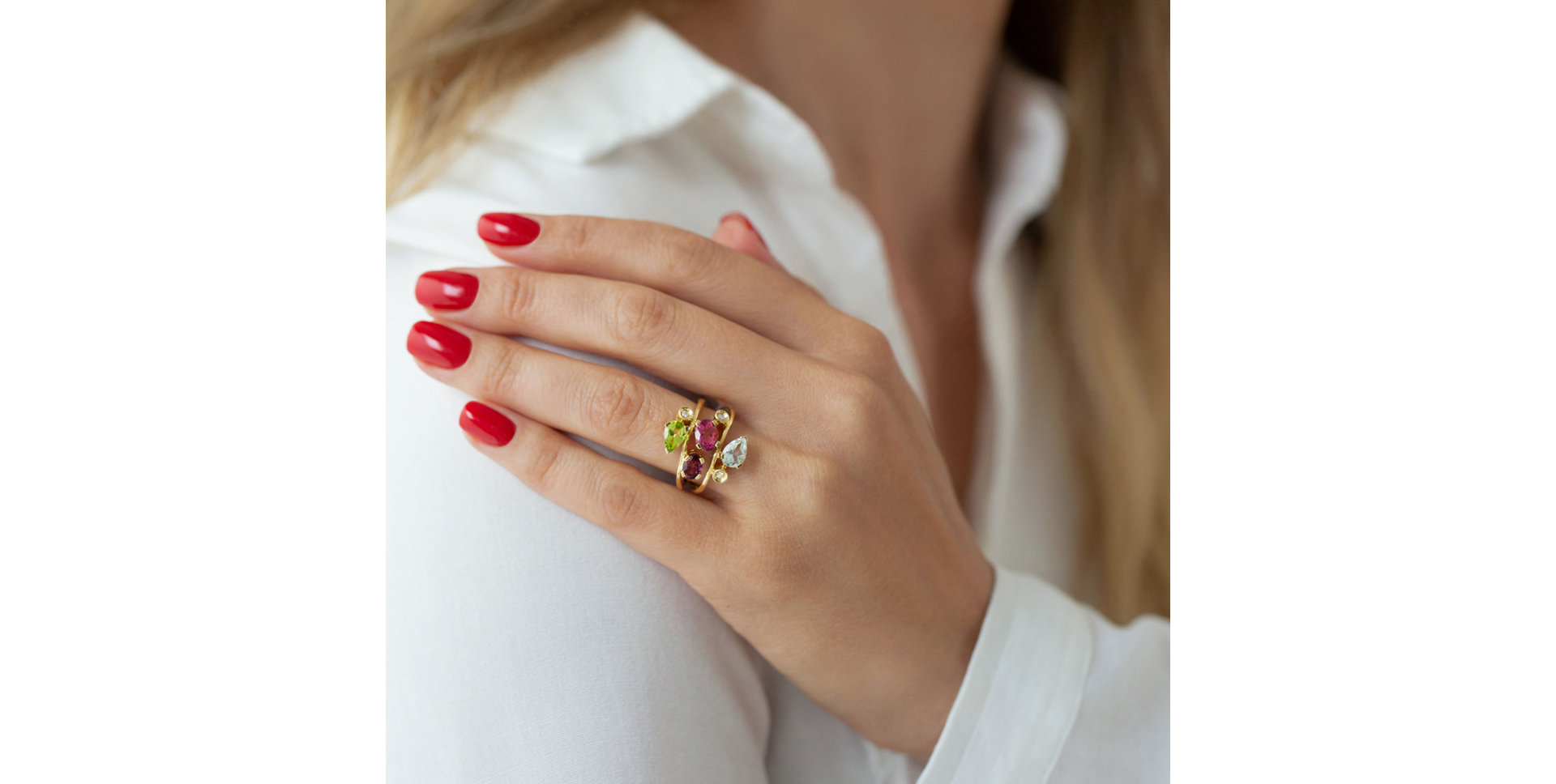 Prsten s rhodolitem a diamanty, peridotem a topazem Floy