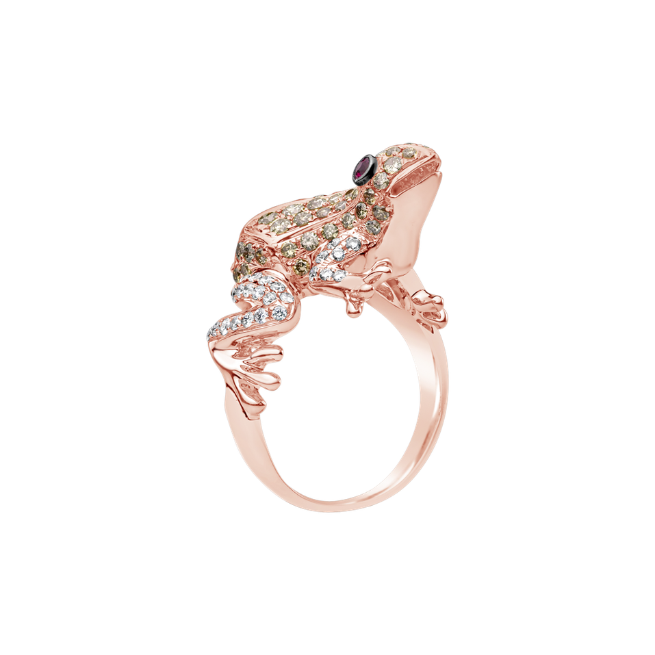 Prsten s bílými a hnědými diamanty a rubíny Miracle Frog