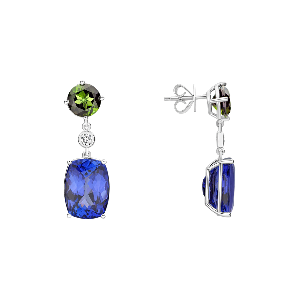 Náušnice s diamantem, turmalínem a tanzanitem Fantasy Rain