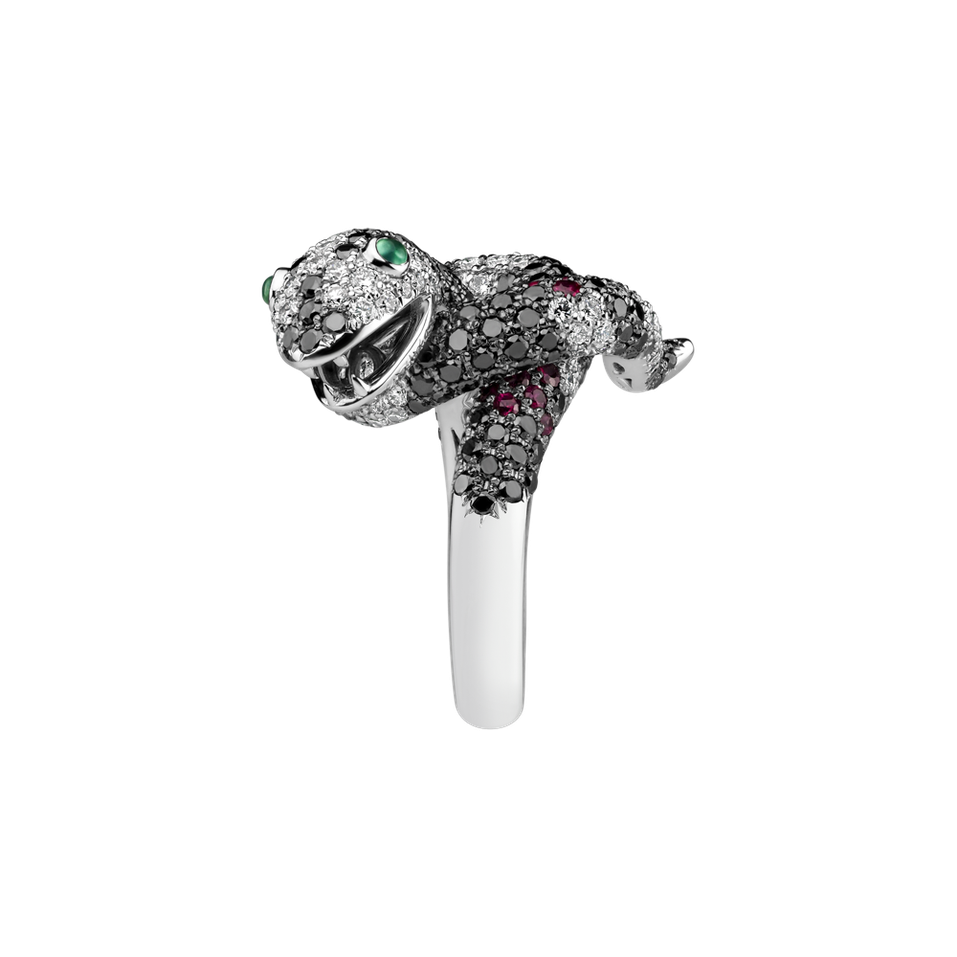Prsten s černými a bílými diamanty, rubíny a granáty The Dark Serpent