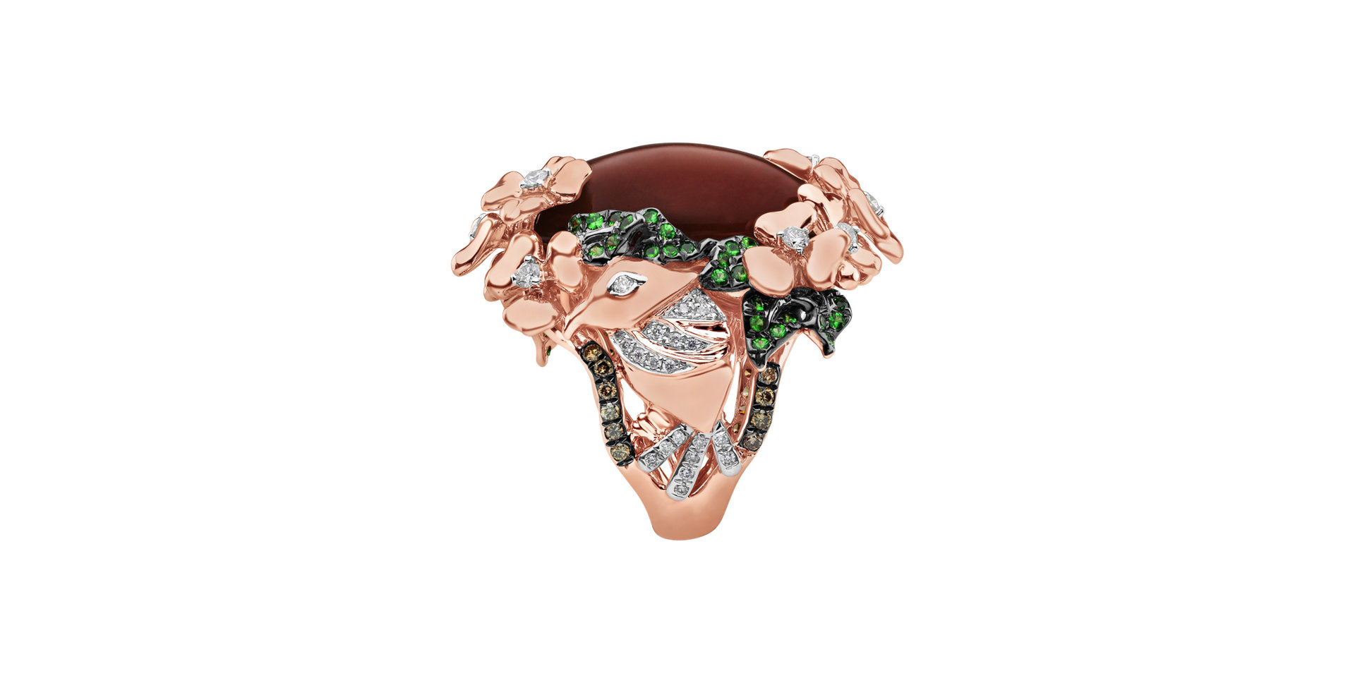 Prsten s měsíčním kamenem, bílými, hnědými diamanty a drahokamy Kala