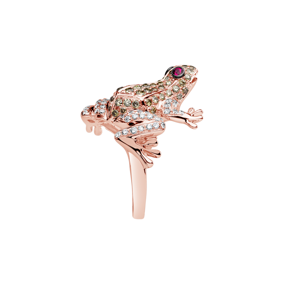 Prsten s bílými a hnědými diamanty a rubíny Miracle Frog