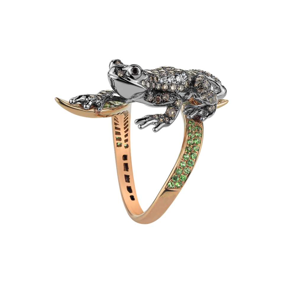 Prsten s bílými, hnědými a černými diamanty a granáty Luxury Frog