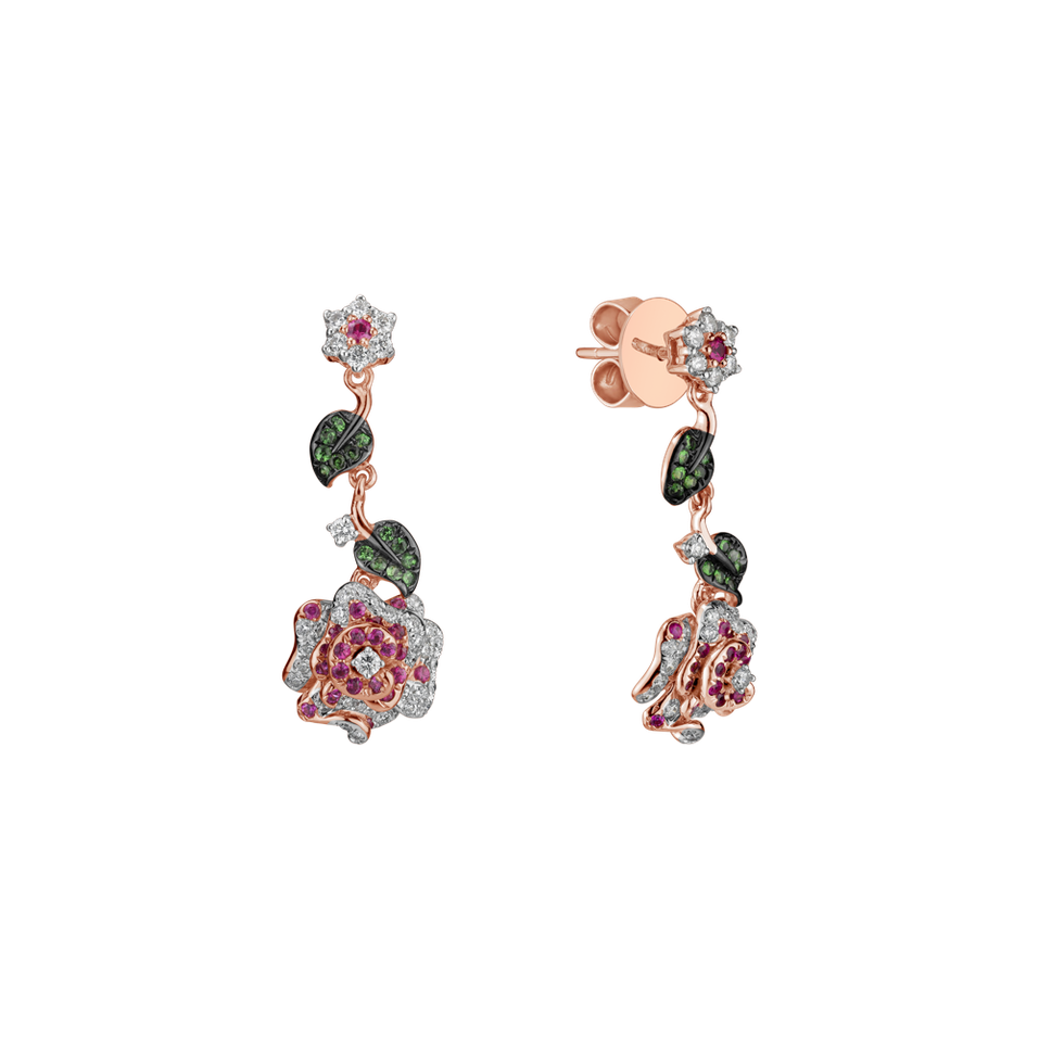 Náušnice s diamanty, rubínem a granátem Laguna