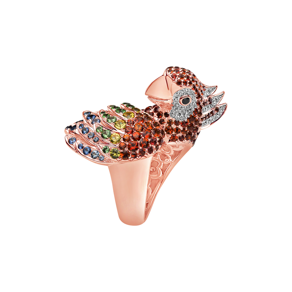 Prsten s černými a bílými diamanty, safíry a granáty Sapphire Parrot