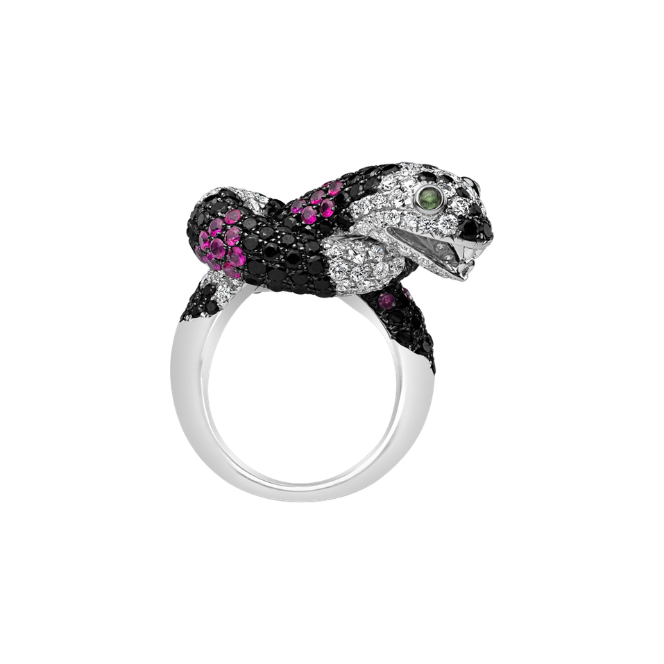 Prsten s černými a bílými diamanty, granáty a rubíny Black and White Snake
