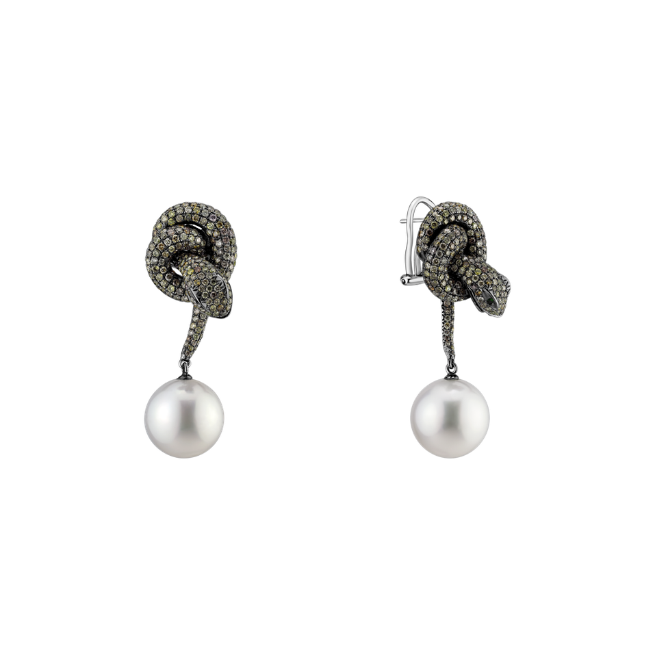 Náušnice s hnědými diamanty, granáty a perlou Sea Glamour