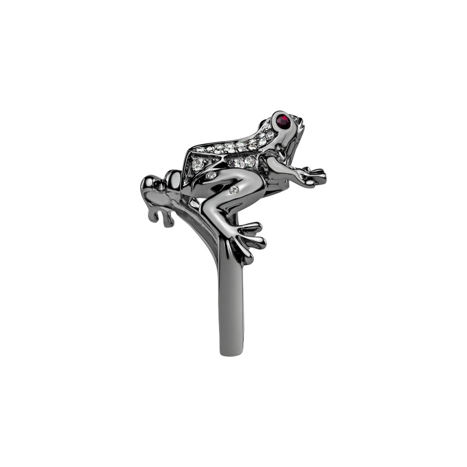 Prsten s bílými a hnědými diamanty a rubíny Dark Fairytale Frog
