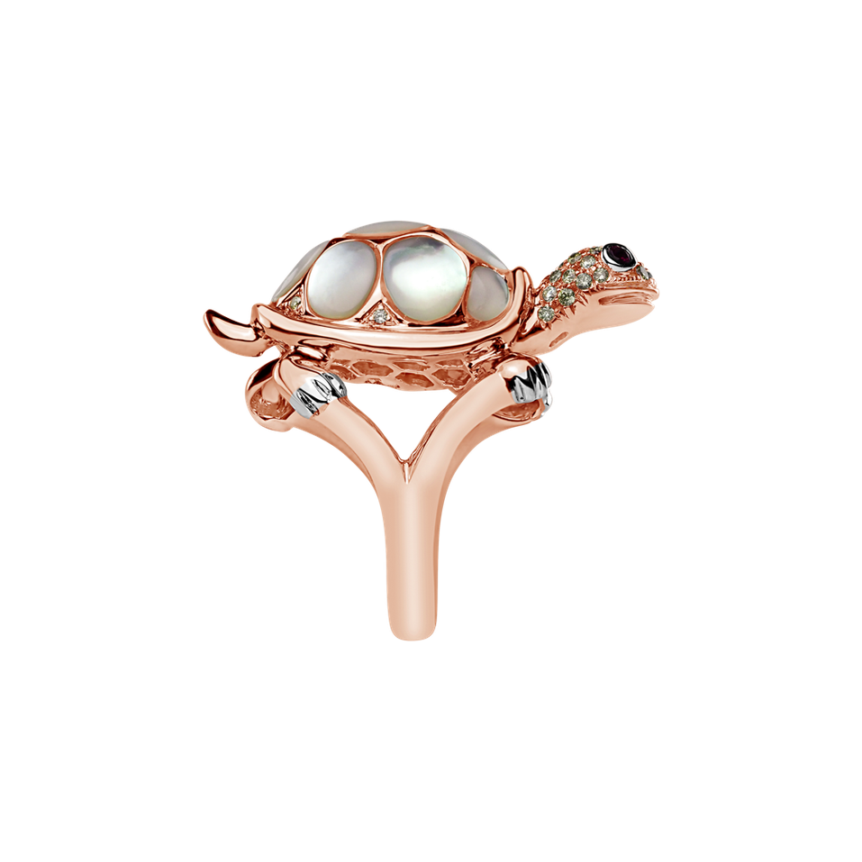 Prsten s hnědými diamanty, rubíny a perletí Graceful Turtle
