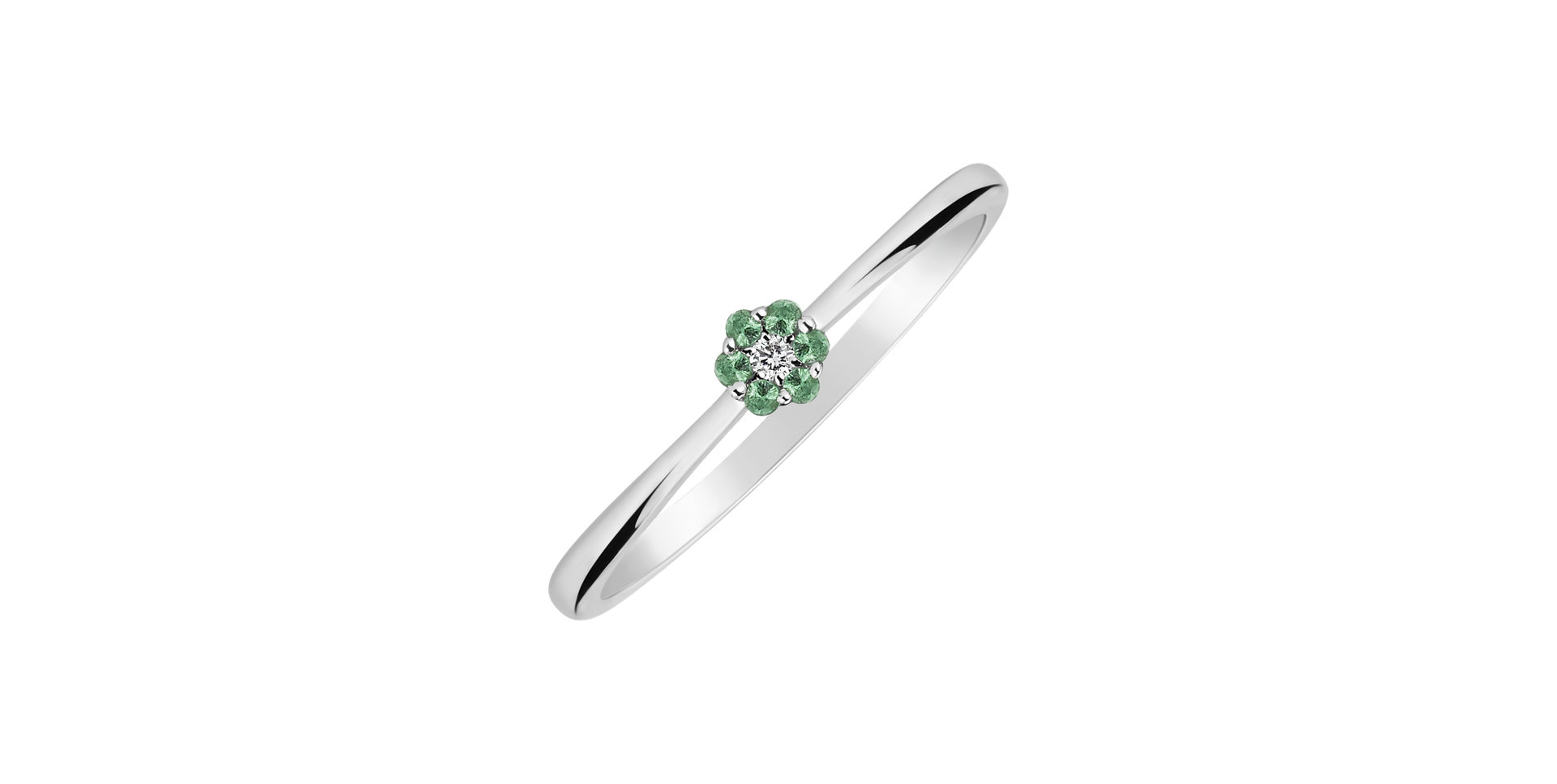 Prsten 14kt bílé zlato s diamantem a smaragdem Shiny Flower