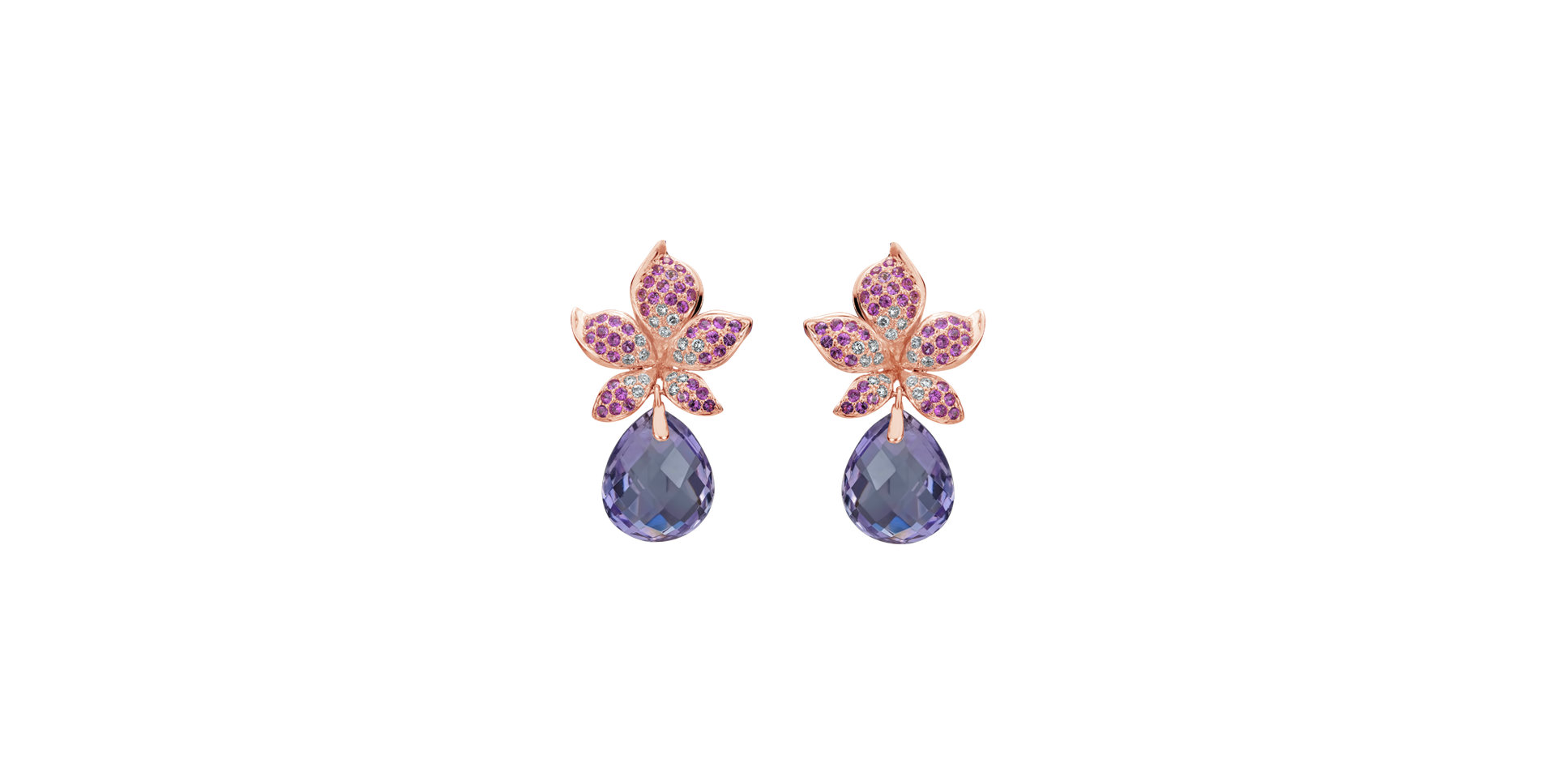 Náušnice s diamanty, ametystem a safíry Plumeria Paradise