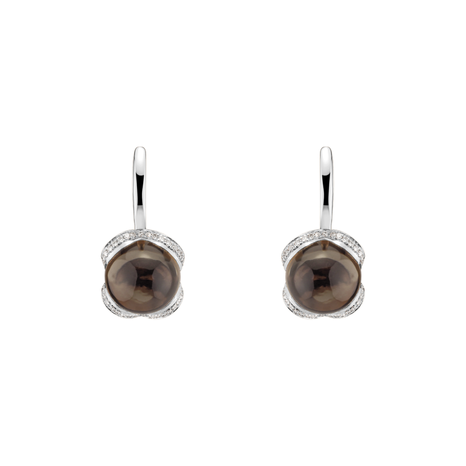 Náušnice 14kt bílé zlato s diamantem a smoky quartzem Rainbow Wish