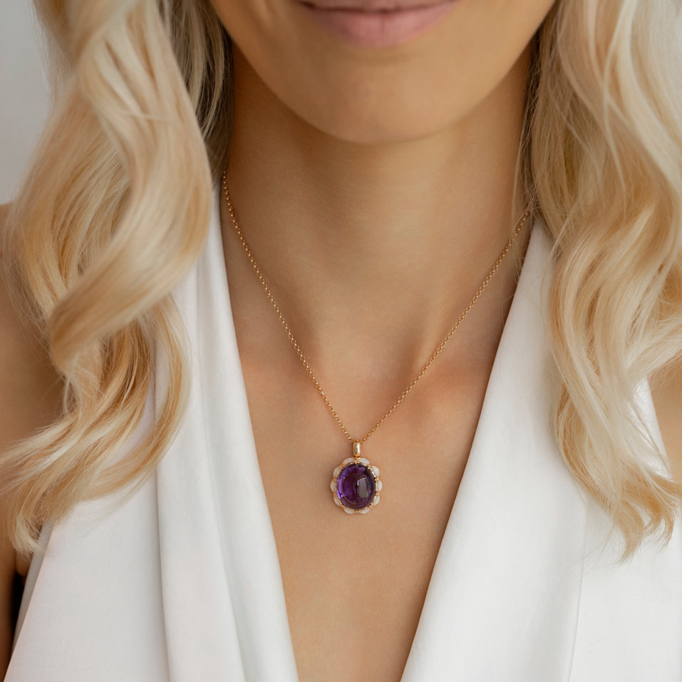 Náhrdelník s diamanty, ametystem a perletí Blossoms Elegance