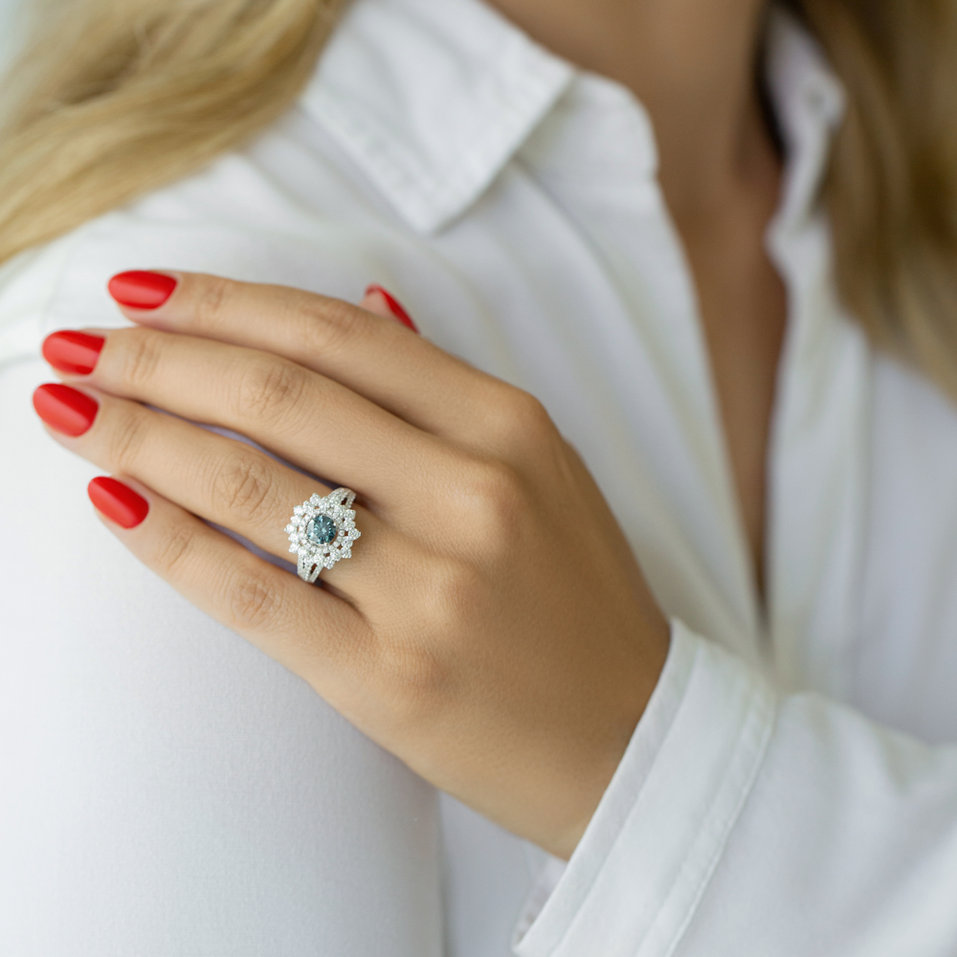 Prsten s modrým diamantem a bílými diamanty Sky Tear