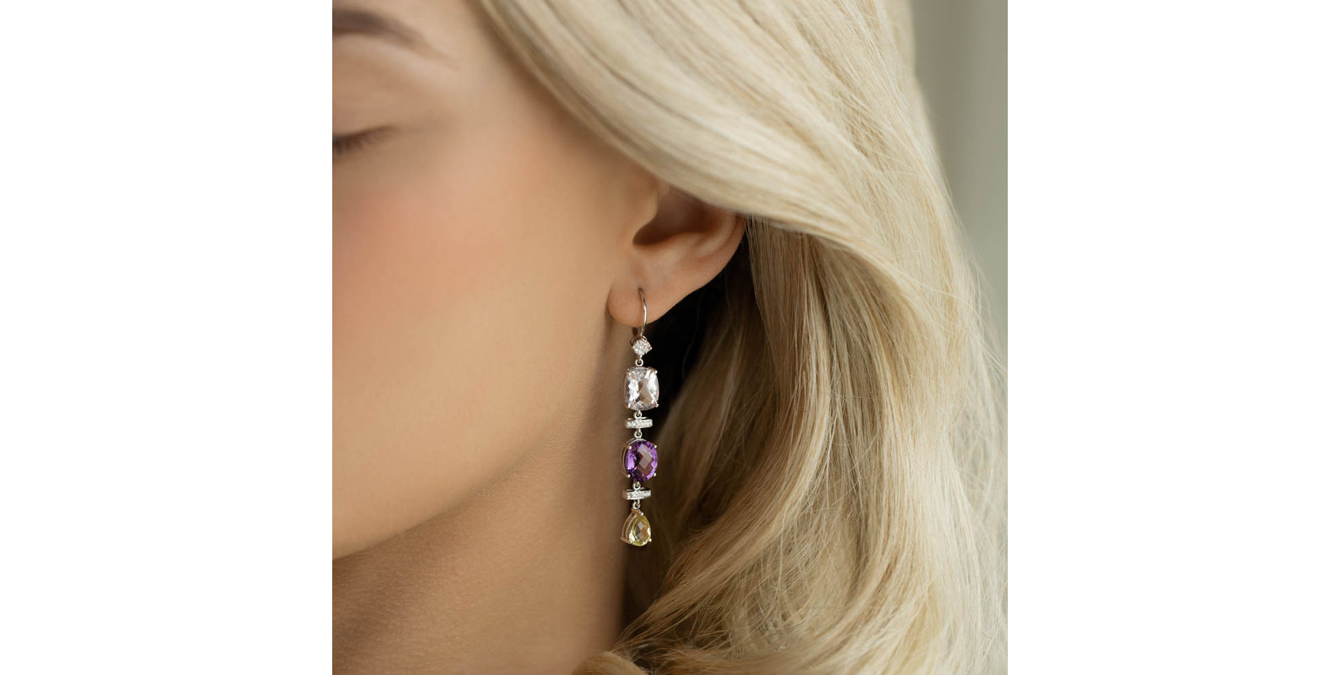 Náušnice s diamanty, ametysty a quartzem Sirène