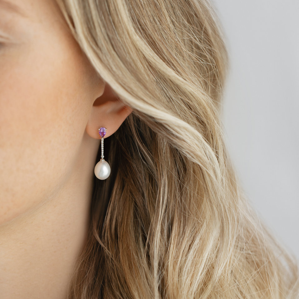 Náušnice s perlou, diamantem a ametystem Ocean Beauty