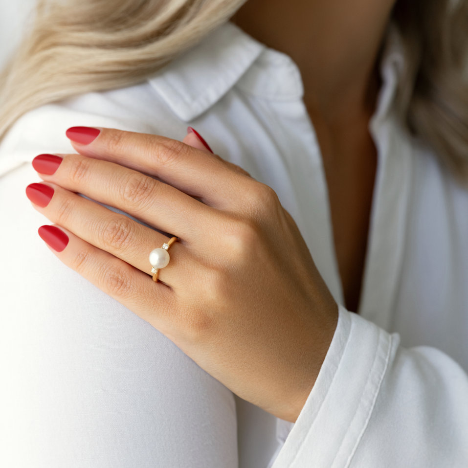 Prsten s perlou a diamanty Golden Treasure