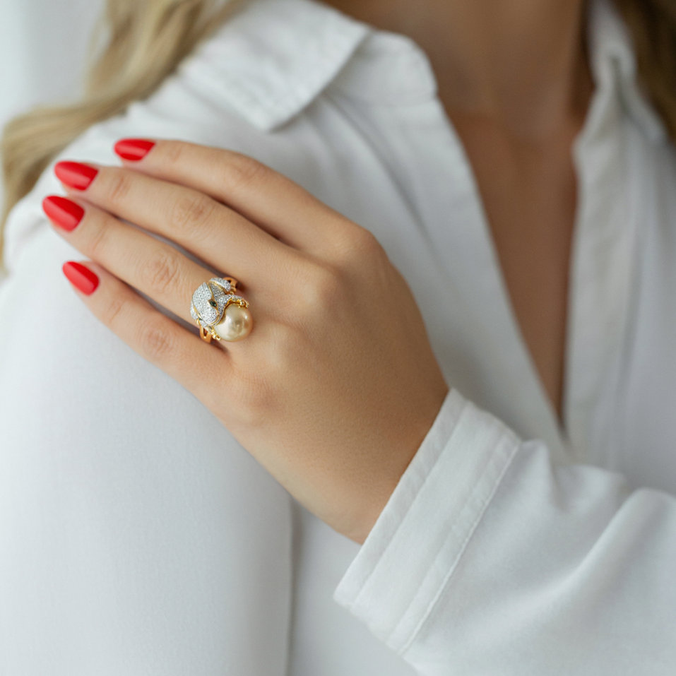 Prsten s perlou, diamanty a granáty The Frog Prince