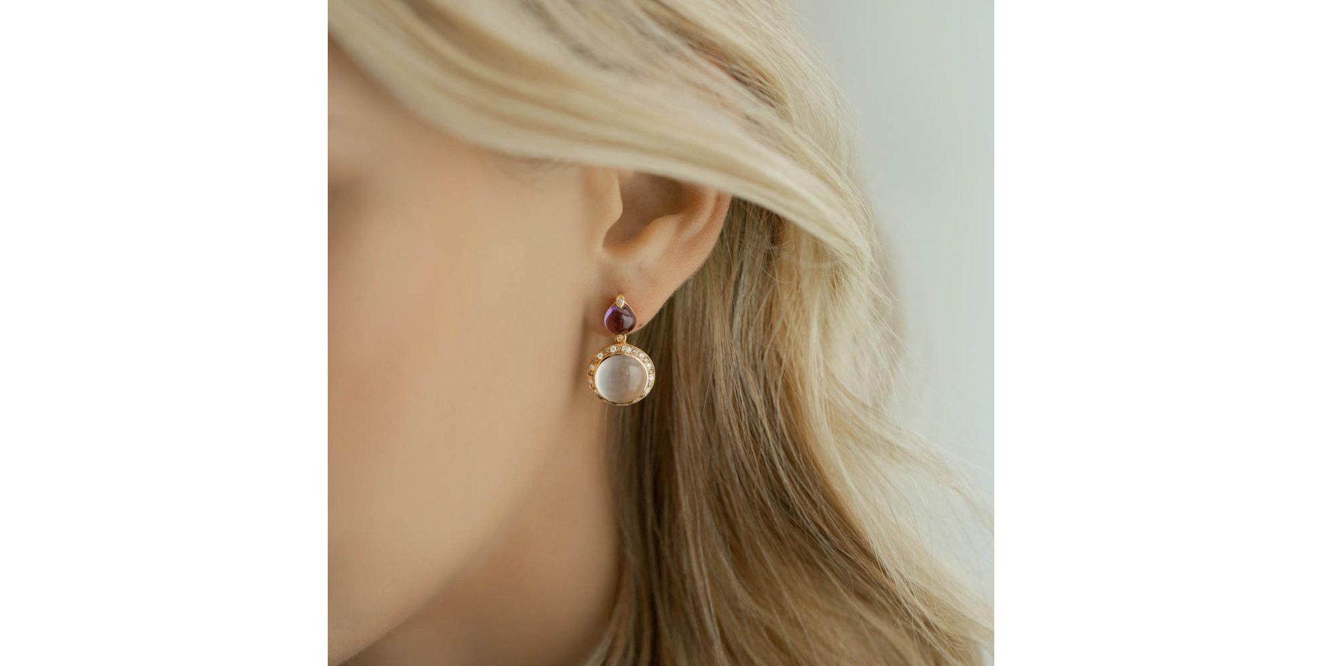 Náušnice s bílými a hnědými diamanty, ametystem a měsíčním kamenem Monets Garden