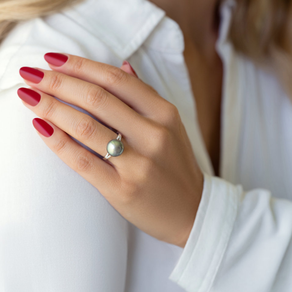 Prsten s perlou a diamanty Deep Dark Sea